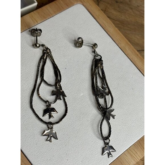 Silver Dangle Earrings With Bird Charms & Twisted Chains For Women - Picture 3 of 5